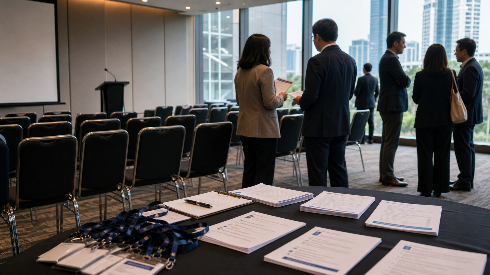 AI governance event room with policy papers, lanyards, empty chairs and blurred attendees after a session.